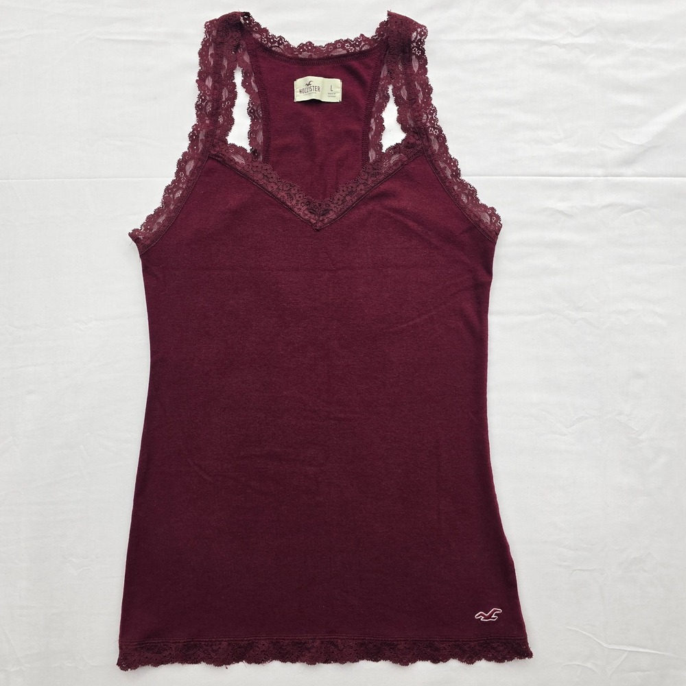 Hollister Womens L Burgundy Lace Tank Top Y2K Racerback Cami Logo Fairy Grunge